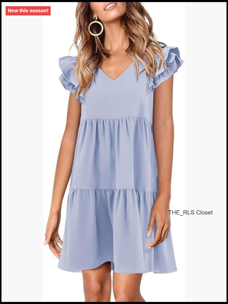 Ruffle Cap Sleeve V-Neck Flowy Swing Mini Dress Babydoll Summer Shift Dress